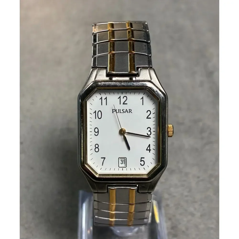 Pulsar Tank Style Men's Quartz Watch Two Tone White Dial Rare VJ32-X166 Working